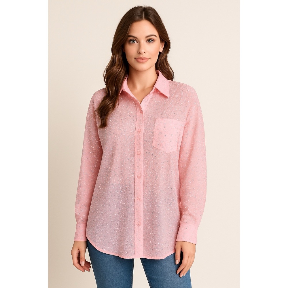 Davi & Dani‎ Pink Rhinestone Button Down Shirt L – Sheer Sparkle Oversized